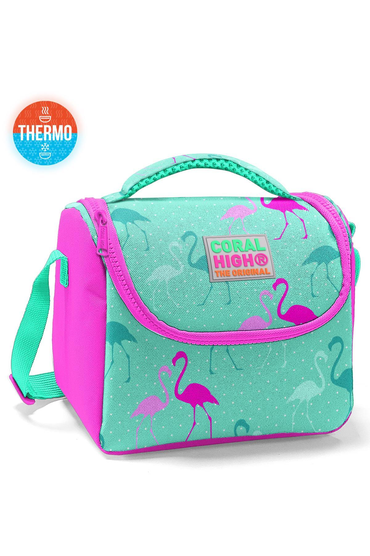 Coral High Kids Su Yeşili Neon Pembe Flamingo Desenli Thermo Beslenme Çantası 11804