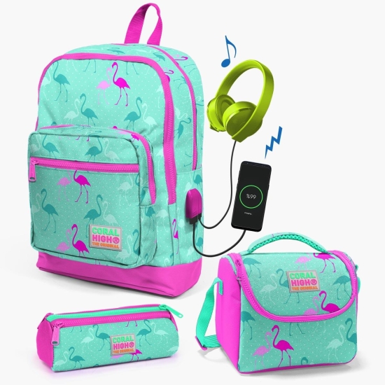 Coral High Kids Su Yeşili Neon Pembe Flamingo Desenli USB'li 3’lü Okul Çanta Seti SET0123275 - 1