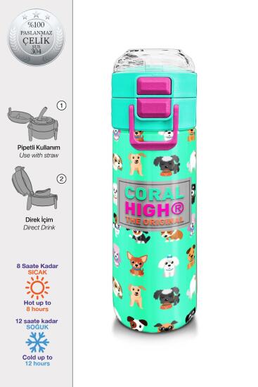 Coral High Kids Su Yeşili Neon Pembe Köpek Desenli Pipetli ve Direkt İçim Çelik Termos 500 ml 31913 - Coral High KIDS