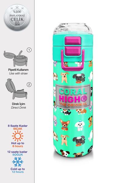 Coral High Kids Su Yeşili Neon Pembe Köpek Desenli Pipetli ve Direkt İçim Çelik Termos 500 ml 31913 - 1
