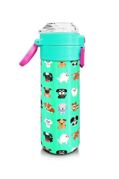 Coral High Kids Su Yeşili Neon Pembe Köpek Desenli Pipetli ve Direkt İçim Çelik Termos 500 ml 31913 - 2