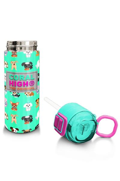 Coral High Kids Su Yeşili Neon Pembe Köpek Desenli Pipetli ve Direkt İçim Çelik Termos 500 ml 31913 - 4