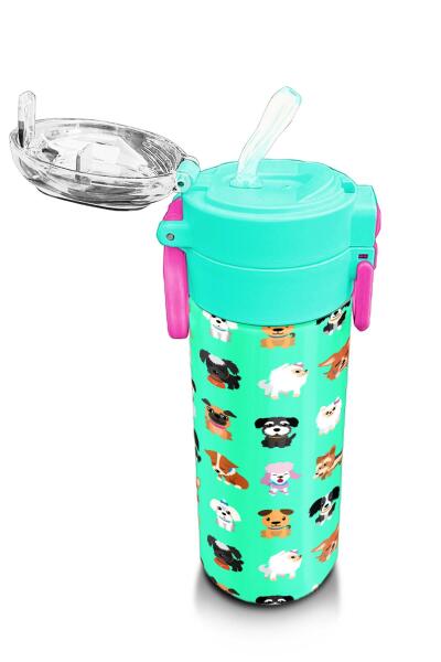 Coral High Kids Su Yeşili Neon Pembe Köpek Desenli Pipetli ve Direkt İçim Çelik Termos 500 ml 31913 - 5