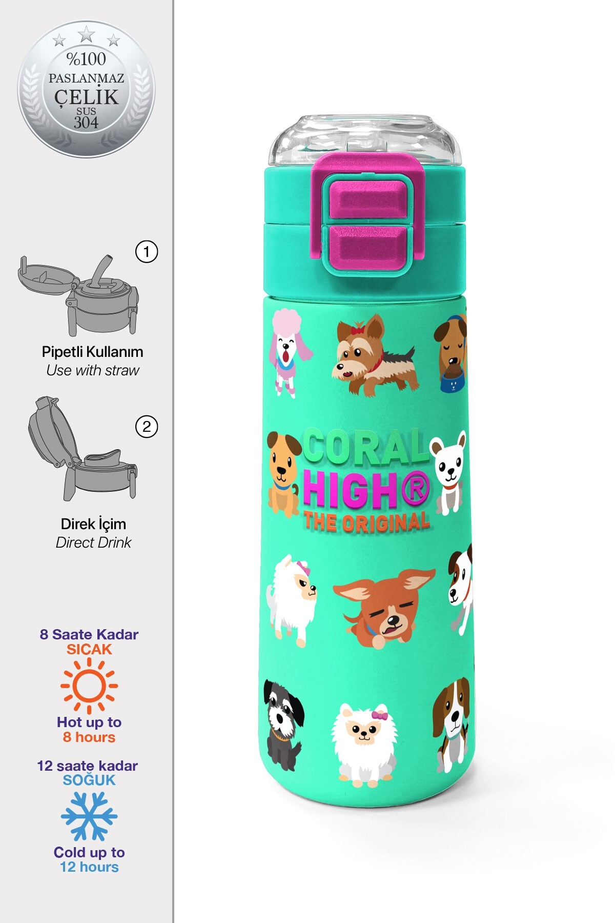 Coral High Kids Su Yeşili Neon Pembe Köpek Desenli Pipetli ve Direkt İçim Çelik Termos 500 ml 31913
