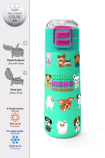 Coral High Kids Su Yeşili Neon Pembe Köpek Desenli Pipetli ve Direkt İçim Çelik Termos 500 ml 31913 - Coral High KIDS