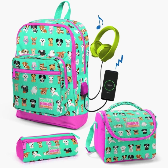 Coral High Kids Su Yeşili Neon Pembe Köpek Desenli USB'li 3’lü Okul Çanta Seti SET0123266 - 1