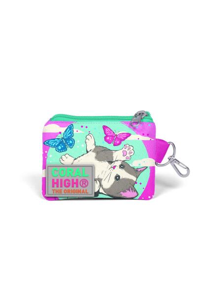 Coral High Kids Su Yeşili Pembe Kedi Desenli Bozuk Para Çantası 21807 - 2