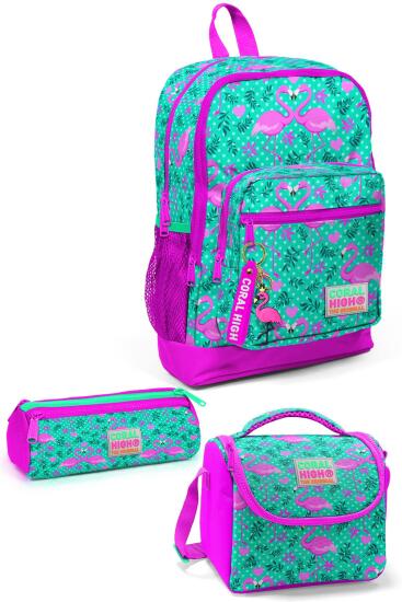 Coral High Kids Su Yeşili Pembe Flamingo Desenli 3’lü Okul Çanta Seti SET0123712 