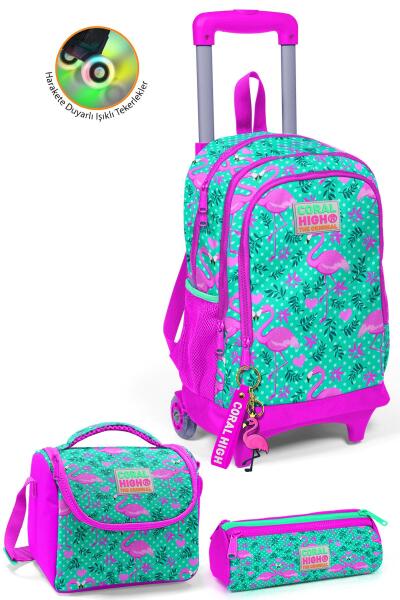 Coral High Kids Su Yeşili Pembe Flamingo Desenli Çekçekli 3'lü Çanta Seti SET0123912 - 1