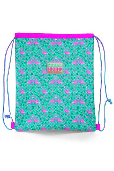 Coral High Kids Su Yeşili Pembe Flamingo Desenli İpli Büzgülü Sırt Çantası 22468 - CORAL HIGH KIDS
