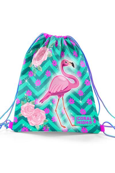 Coral High Kids Su Yeşili Pembe Flamingo Desenli İpli Büzgülü Sırt Çantası 22481 - 2