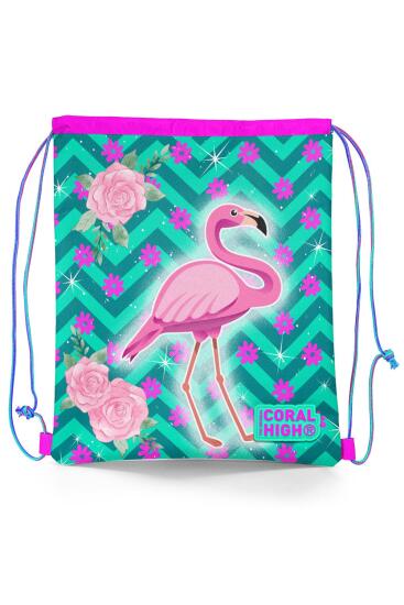 Coral High Kids Su Yeşili Pembe Flamingo Desenli İpli Büzgülü Sırt Çantası 22481 