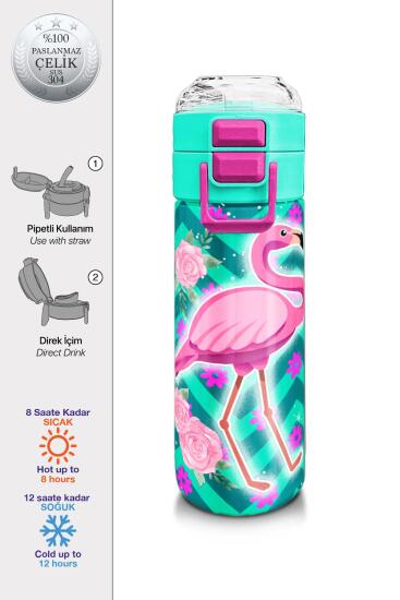 Coral High Kids Su Yeşili Pembe Flamingo Desenli Pipetli ve Direkt İçim Çelik Termos 500 ml 31820 - Coral High KIDS