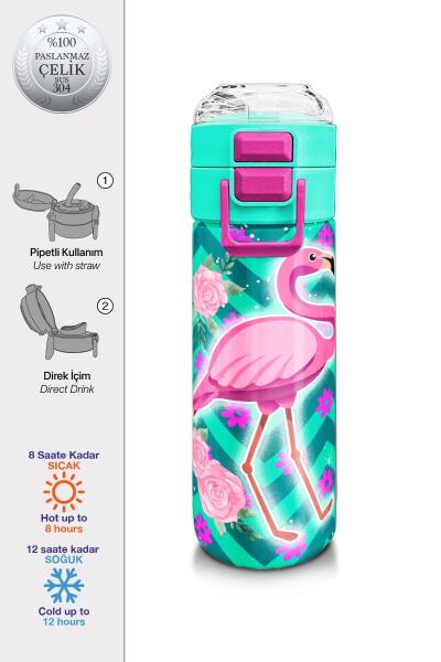 Coral High Kids Su Yeşili Pembe Flamingo Desenli Pipetli ve Direkt İçim Çelik Termos 500 ml 31820 - 1