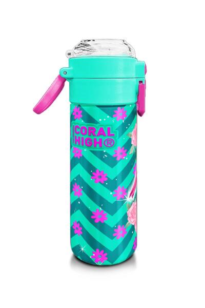 Coral High Kids Su Yeşili Pembe Flamingo Desenli Pipetli ve Direkt İçim Çelik Termos 500 ml 31820 - 2