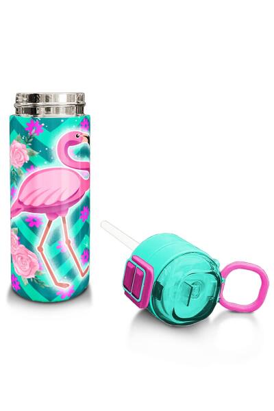 Coral High Kids Su Yeşili Pembe Flamingo Desenli Pipetli ve Direkt İçim Çelik Termos 500 ml 31820 - 4