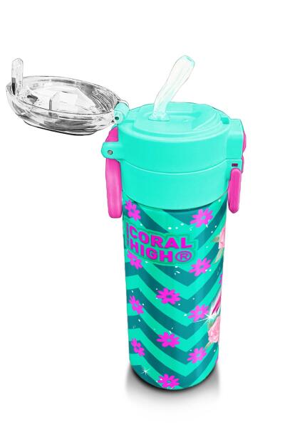 Coral High Kids Su Yeşili Pembe Flamingo Desenli Pipetli ve Direkt İçim Çelik Termos 500 ml 31820 - 5