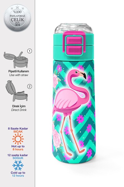 Coral High Kids Su Yeşili Pembe Flamingo Desenli Pipetli ve Direkt İçim Çelik Termos 500 ml 31820 - 1