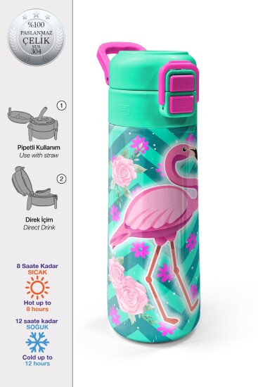 Coral High Kids Su Yeşili Pembe Flamingo Desenli Pipetli ve Direkt İçim Çelik Termos 500 ml 31820 