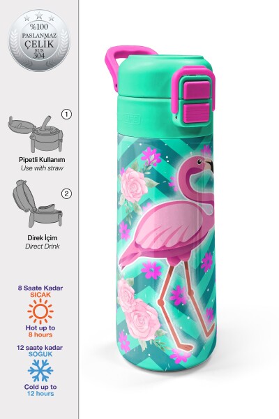 Coral High Kids Su Yeşili Pembe Flamingo Desenli Pipetli ve Direkt İçim Çelik Termos 500 ml 31820 - 1
