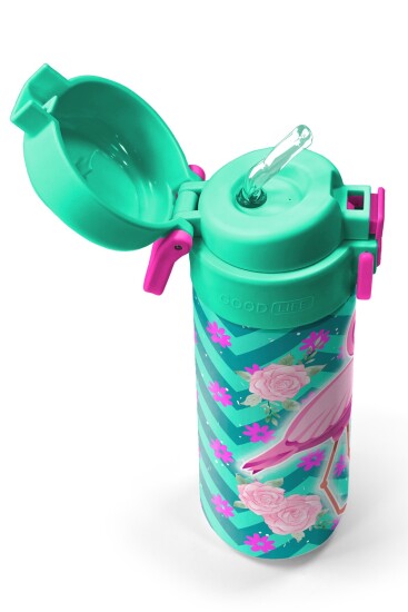 Coral High Kids Su Yeşili Pembe Flamingo Desenli Pipetli ve Direkt İçim Çelik Termos 500 ml 31820 - 2