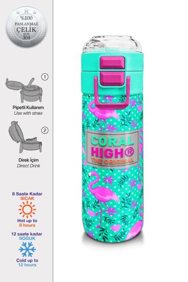 Coral High Kids Su Yeşili Pembe Flamingo Desenli Pipetli ve Direkt İçim Çelik Termos 500 ml 31926 - Coral High KIDS