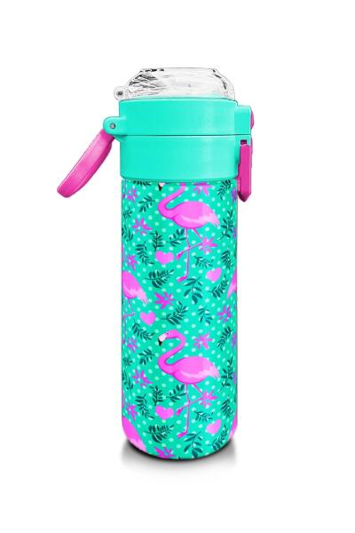Coral High Kids Su Yeşili Pembe Flamingo Desenli Pipetli ve Direkt İçim Çelik Termos 500 ml 31926 - 2