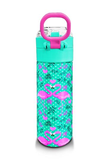 Coral High Kids Su Yeşili Pembe Flamingo Desenli Pipetli ve Direkt İçim Çelik Termos 500 ml 31926 - 3