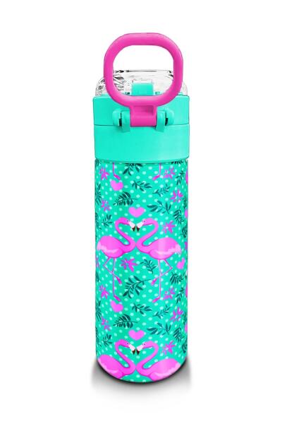 Coral High Kids Su Yeşili Pembe Flamingo Desenli Pipetli ve Direkt İçim Çelik Termos 500 ml 31926 - 3