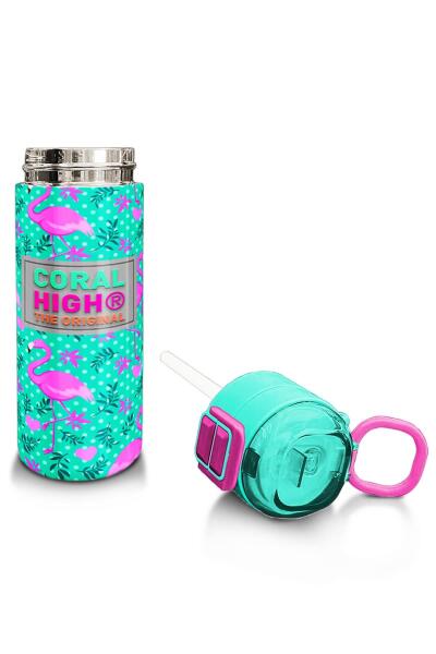 Coral High Kids Su Yeşili Pembe Flamingo Desenli Pipetli ve Direkt İçim Çelik Termos 500 ml 31926 - 4