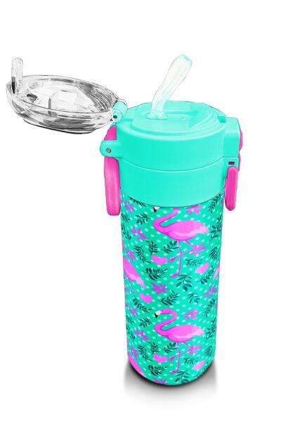 Coral High Kids Su Yeşili Pembe Flamingo Desenli Pipetli ve Direkt İçim Çelik Termos 500 ml 31926 - 5