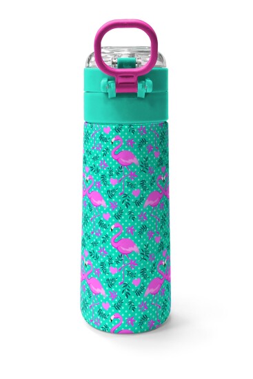 Coral High Kids Su Yeşili Pembe Flamingo Desenli Pipetli ve Direkt İçim Çelik Termos 500 ml 31926 - 4