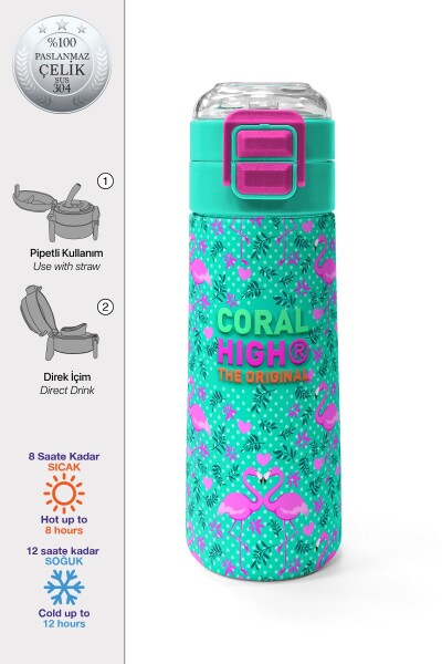 Coral High Kids Su Yeşili Pembe Flamingo Desenli Pipetli ve Direkt İçim Çelik Termos 500 ml 31926 - 1