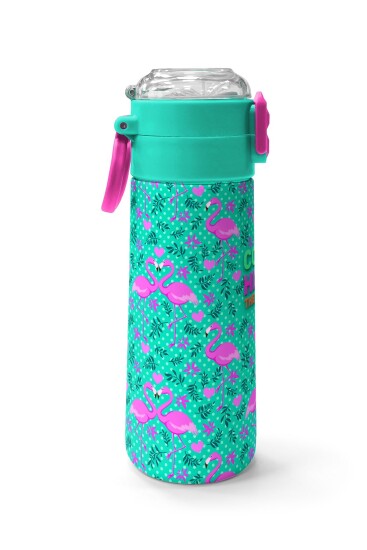Coral High Kids Su Yeşili Pembe Flamingo Desenli Pipetli ve Direkt İçim Çelik Termos 500 ml 31926 - 2