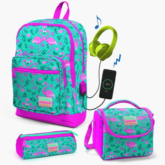 Coral High Kids Su Yeşili Pembe Flamingo Desenli USB'li 3’lü Okul Çanta Seti SET0123812 - Coral High KIDS