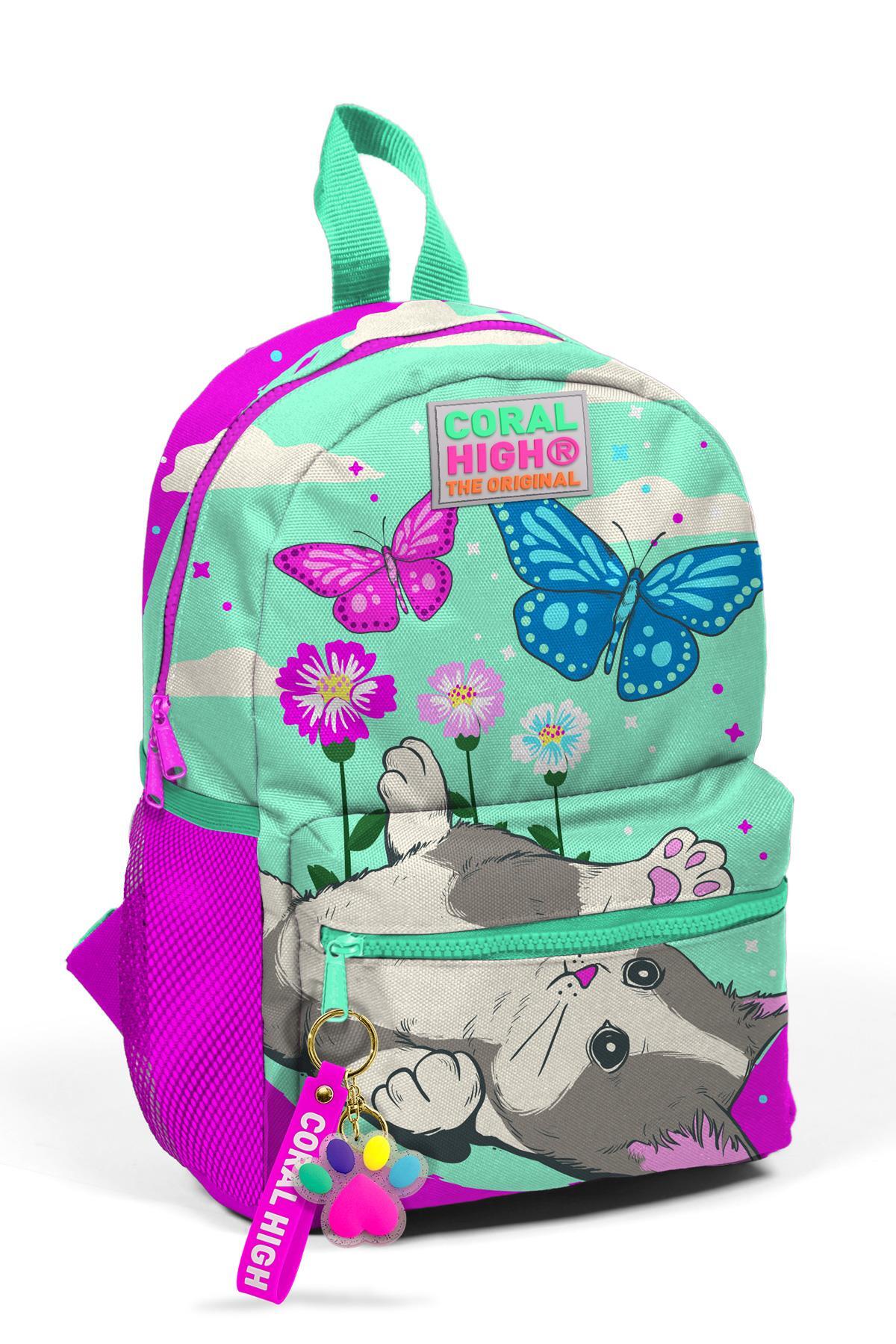 Minik Yuva Sırt Çantası Su Yeşili Pembe Kedi Desenli İki Bölmeli  23507