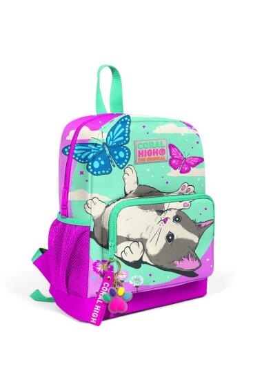 Coral High Kids Su Yeşili Pembe Kedi Desenli İki Bölmeli Okul Sırt Çantası 23607 - CORAL HIGH KIDS