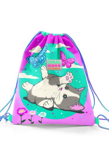Coral High Kids Su Yeşili Pembe Kedi Desenli İpli Büzgülü Sırt Çantası 22463 - 2