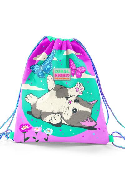 Coral High Kids Su Yeşili Pembe Kedi Desenli İpli Büzgülü Sırt Çantası 22463 - 2