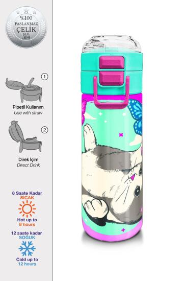Coral High Kids Su Yeşili Pembe Kedi Desenli Pipetli ve Direkt İçim Çelik Termos 500 ml 31796 