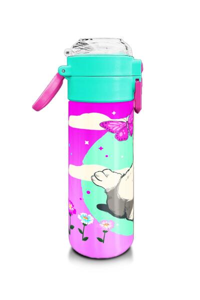 Coral High Kids Su Yeşili Pembe Kedi Desenli Pipetli ve Direkt İçim Çelik Termos 500 ml 31796 - 2
