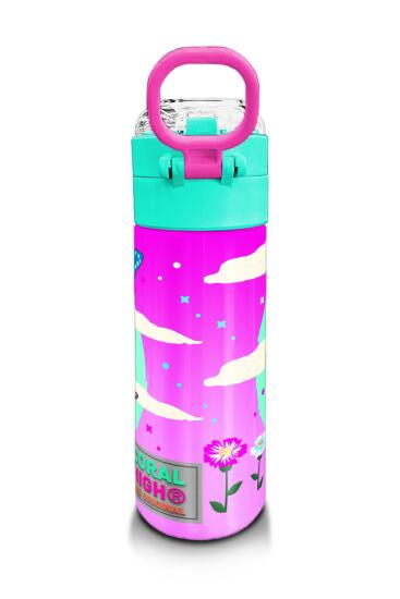 Coral High Kids Su Yeşili Pembe Kedi Desenli Pipetli ve Direkt İçim Çelik Termos 500 ml 31796 - 3