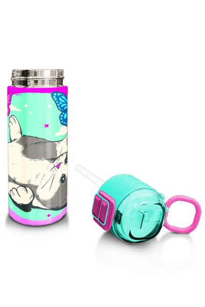 Coral High Kids Su Yeşili Pembe Kedi Desenli Pipetli ve Direkt İçim Çelik Termos 500 ml 31796 - 4