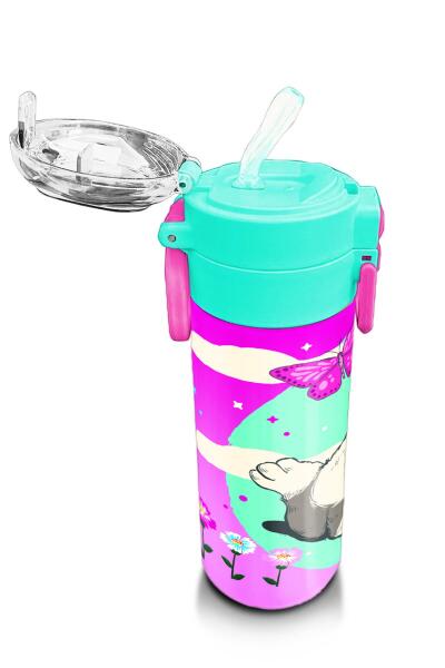 Coral High Kids Su Yeşili Pembe Kedi Desenli Pipetli ve Direkt İçim Çelik Termos 500 ml 31796 - 5