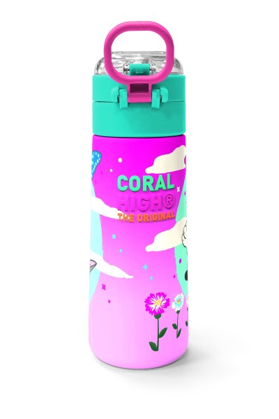 Coral High Kids Su Yeşili Pembe Kedi Desenli Pipetli ve Direkt İçim Çelik Termos 500 ml 31796 - 4
