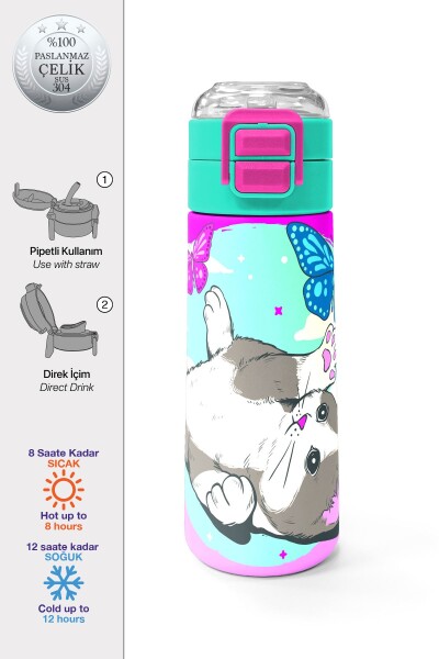 Coral High Kids Su Yeşili Pembe Kedi Desenli Pipetli ve Direkt İçim Çelik Termos 500 ml 31796 - 1
