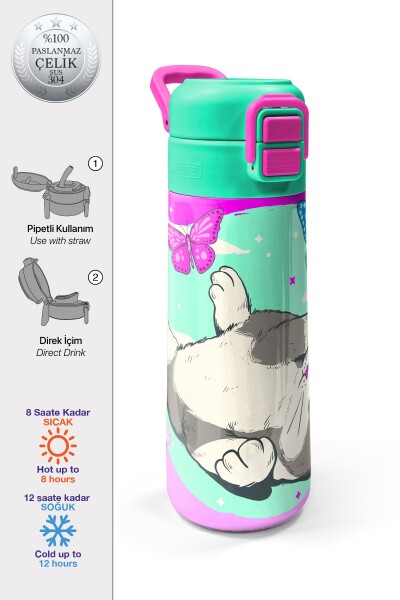 Coral High Kids Su Yeşili Pembe Kedi Desenli Pipetli ve Direkt İçim Çelik Termos 500 ml 31796 - 1
