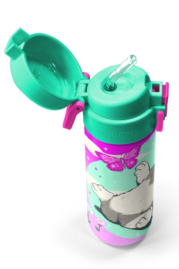 Coral High Kids Su Yeşili Pembe Kedi Desenli Pipetli ve Direkt İçim Çelik Termos 500 ml 31796 - 2