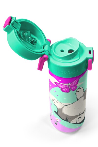 Coral High Kids Su Yeşili Pembe Kedi Desenli Pipetli ve Direkt İçim Çelik Termos 500 ml 31796 - 3
