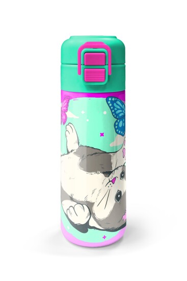 Coral High Kids Su Yeşili Pembe Kedi Desenli Pipetli ve Direkt İçim Çelik Termos 500 ml 31796 - 4